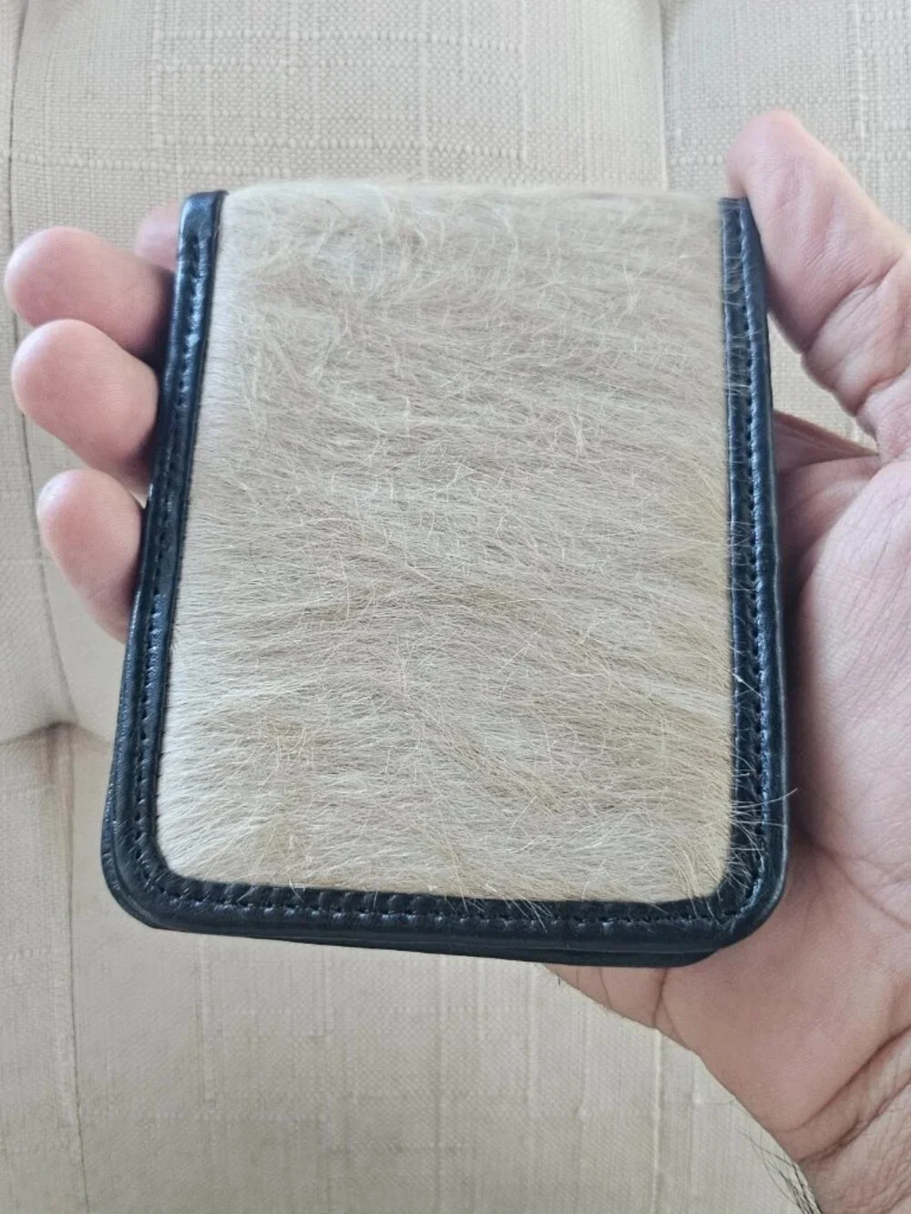 Fur Leather Wallet Unisex Card Holder Handmade Billfold Brown/White Purse New